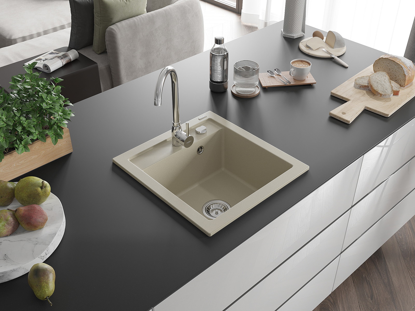 Mexen Vito granit izlietne ar vienu nodalījumu 520 x 490 mm, bēša, sifons hroms - 6503521000-69